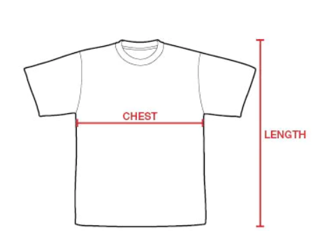 T-shirt diagram showing chest measured horizontally and length measured vertically